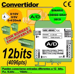 09b- Convertidor Analógico (0-10V, 4-20mA) a Digital 12 bits, Binario, GRAY, BCD